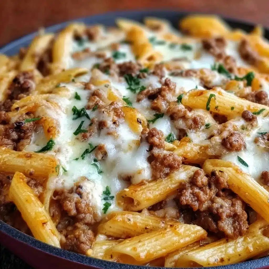 Cheesy Penne with Garlic Butter Ground Beef Recipe - Recipe Image