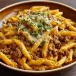 Cheesy Penne with Garlic Butter Ground Beef Recipe