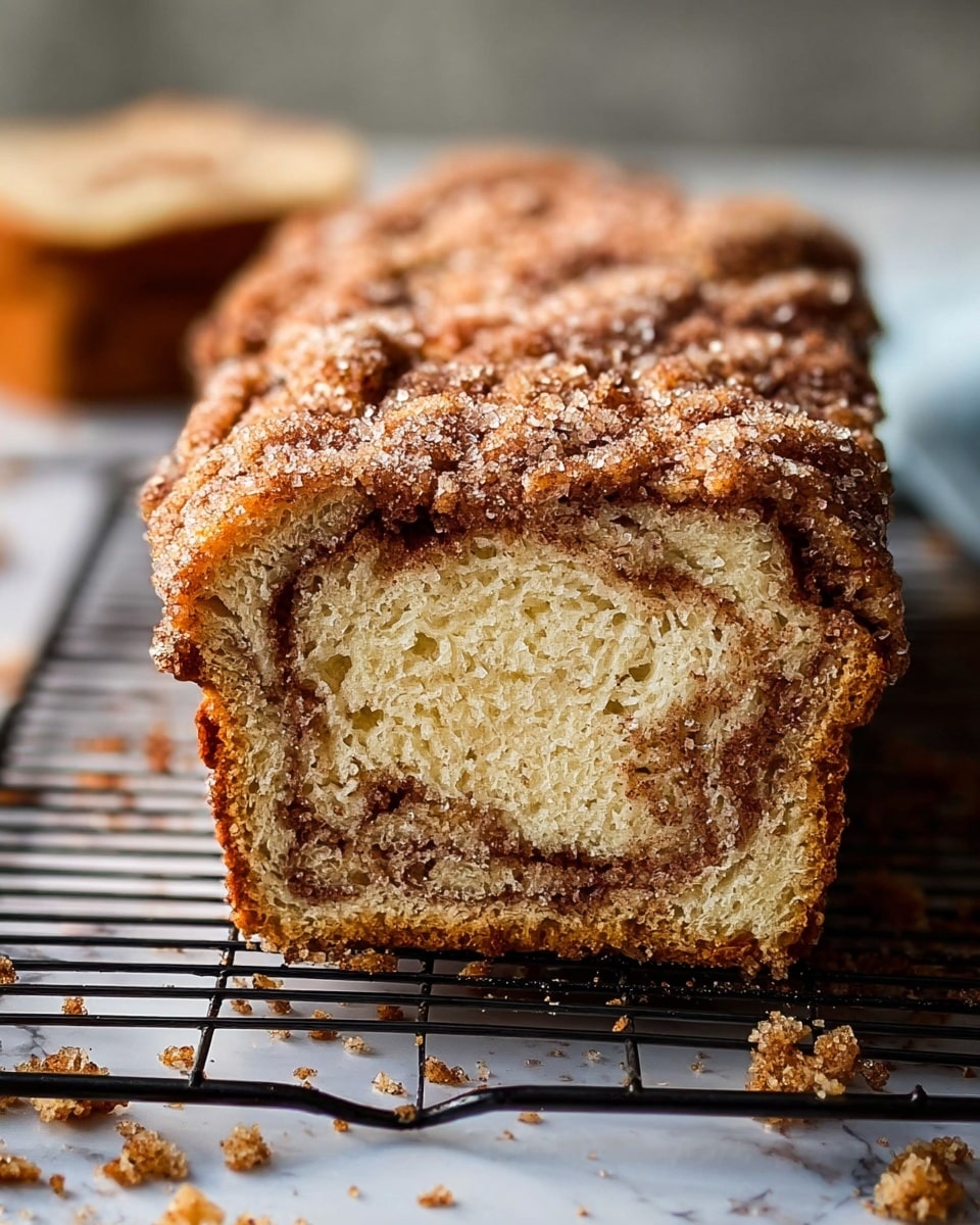 A loaf of sliced cinnamon sugar swirl bread is shown on a black cooling rack over a white marbled surface. The bread consists of two main layers: a light golden inner layer with soft texture and visible cinnamon swirls running through it, and a darker brown crust layer on the outside that looks slightly crunchy. The top crust is thick and uneven with a rough, crumbly texture, sprinkled generously with coarse sugar crystals, adding a sparkling effect. Crumbs are scattered around the bread on the rack and surface. The background is softly blurred, giving focus to the bread. Photo taken with an iphone --ar 4:5 --v 7