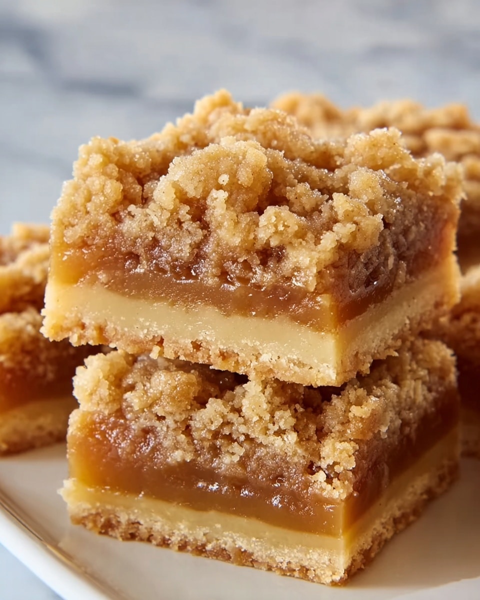 The image shows a close-up of three square-shaped dessert bars stacked on a white plate against a white marbled surface. Each bar has three visible layers: the bottom layer is a pale golden crust that looks firm and slightly crumbly; the middle layer is a smooth, translucent, light caramel filling with a glossy texture that appears sticky; the top layer is a rough, crumbly streusel topping with a golden-brown color, giving the bars a textured and crunchy look. The bars are thick and the layers are evenly sized, creating a rich and inviting appearance. Photo taken with an iphone --ar 4:5 --v 7