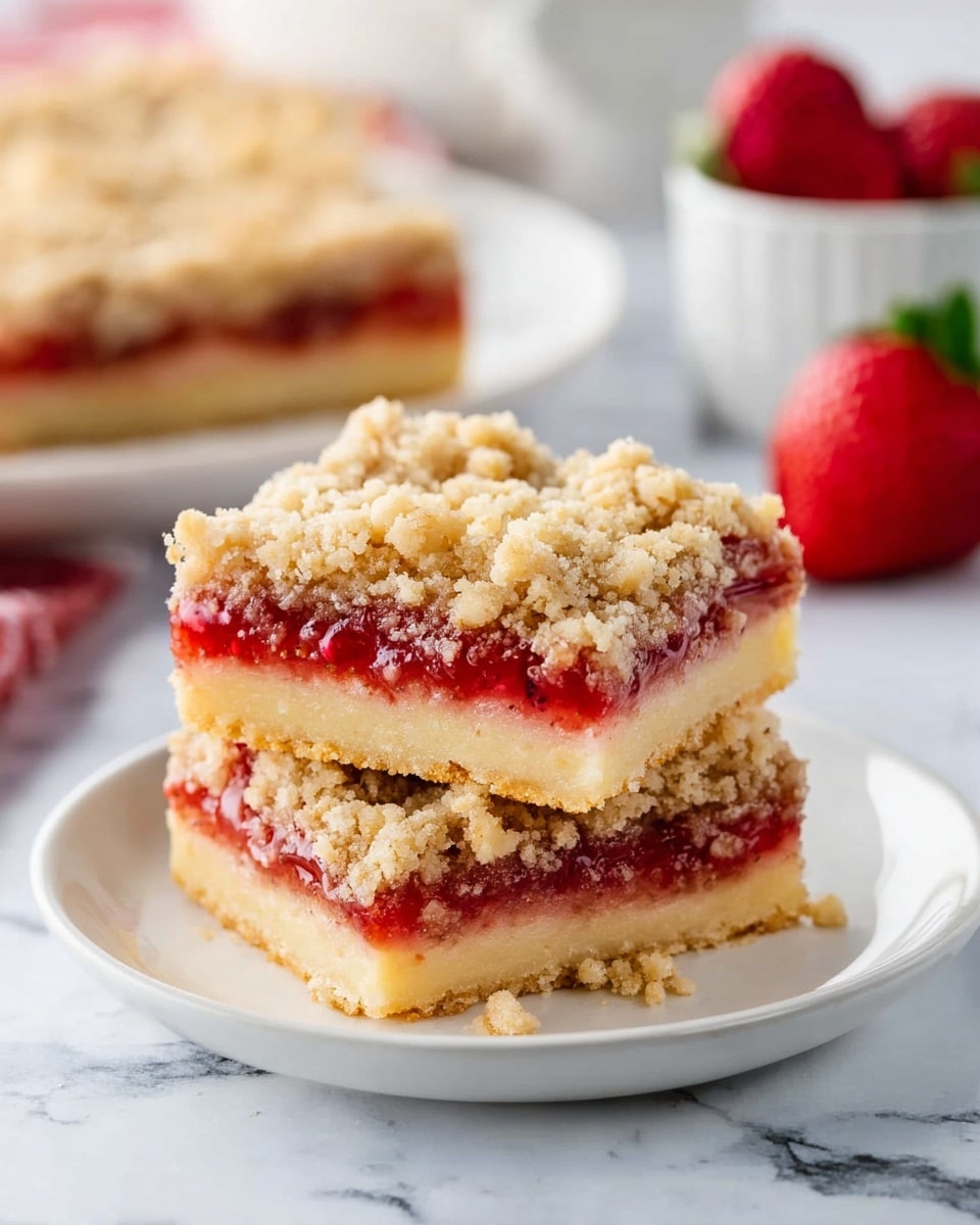 The image shows two square pieces of a crumb cake stacked on a white plate, placed on a white marbled surface. Each piece has three layers: the bottom is a pale yellow cake base with a smooth texture, the middle is a bright red strawberry jam layer that looks juicy and slightly glossy, and the top layer is a crumbly golden-brown streusel with a coarse texture. In the background, there is another single crumb cake piece on a white plate, a red strawberry in a white cup, and a blurred red raspberry on the right side. photo taken with an iphone --ar 4:5 --v 7