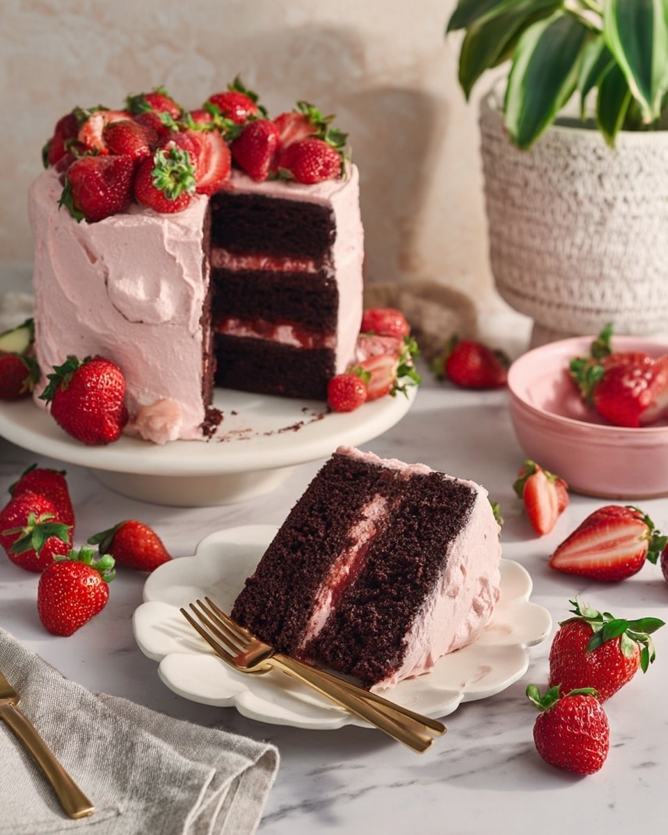 The image shows a tall chocolate cake with three dark brown layers, each separated by a red strawberry jam filling. The cake is covered with thick, pale pink frosting spread unevenly all around and decorated with whole fresh strawberries placed on the top and sides. A large slice is cut out and placed on a white scalloped plate in the front, showing the rich layers and the jam filling clearly. Fresh strawberries, some whole and some halved, are scattered around on a white marbled surface. Nearby are two gold forks resting on a light gray cloth napkin, and in the background, there is a white textured pot with a green plant and a pink bowl. Photo taken with an iphone --ar 4:5 --v 7