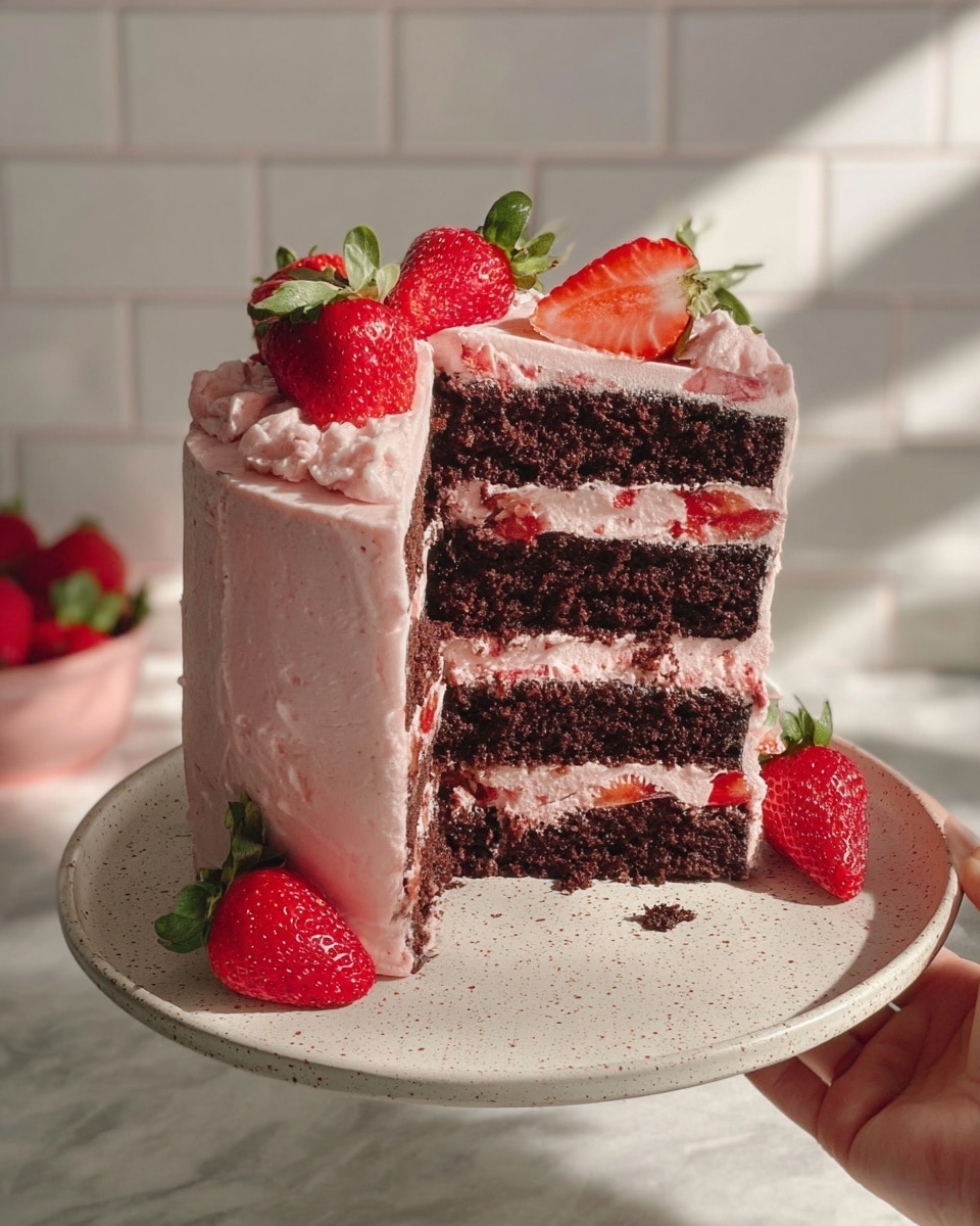 A tall slice of chocolate cake with three dark brown layers is lifted above a white speckled plate, showing pink creamy frosting between the layers with bits of red strawberry pieces. The outside of the cake is frosted with thick, pink cream, and decorated with whole strawberries with green tops placed around the sides and on top. The cake sits on a white marbled surface, and the background shows soft light with shadows and white tiled wall. A woman's hand holds the slice, emphasizing the rich texture and fresh strawberries. Photo taken with an iphone --ar 4:5 --v 7