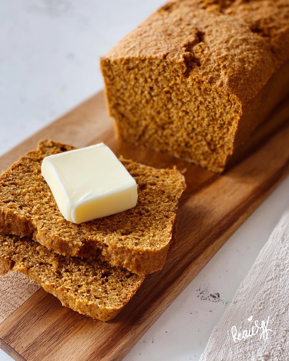 The image shows three slices of moist pumpkin bread placed on a square white plate. Each slice is thick with a soft, dense texture, colored light brown with a slightly darker, browned crust around the edges. The top of each slice has a rough, cracked surface, showing the bread's softness inside. The plate sits on a white marbled surface with a faint pattern, and in the background, an orange pumpkin is partially visible, adding autumn vibes. Photo taken with an iphone --ar 4:5 --v 7