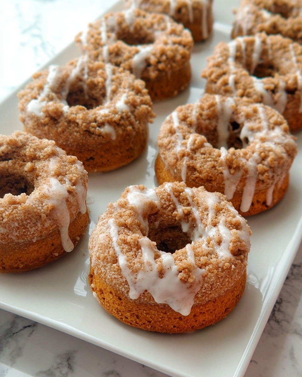 The image shows four brown donuts with a crumbly texture on top, covered with a light drizzle of white icing that drips down the sides. Each donut has a rough, crumb-coated surface giving a crunchy look, with a hollow center hole visible. The donuts sit on a smooth, white marbled surface that reflects soft light. The focus is on the front donut with the others slightly out of focus in the background, showing a close-up view of the detailed crumb and icing layers. photo taken with an iphone --ar 4:5 --v 7