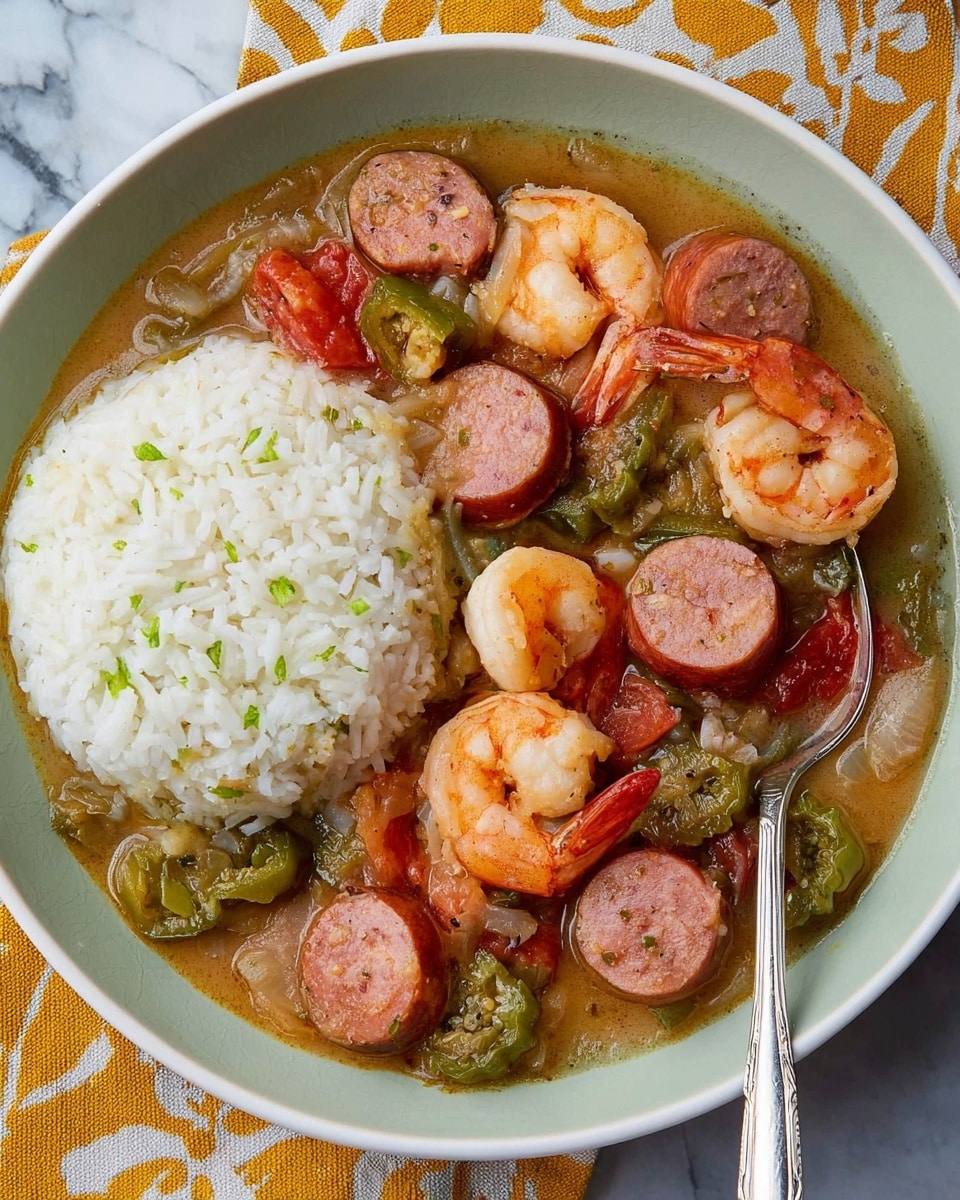The dish shows a white bowl filled with two main parts: a mound of white rice with small green bits mixed in on the left side, and a stew-like mixture on the right. The stew has several slices of pink sausage, bright orange shrimp, chunks of green okra, and pieces of red tomato in a light brown broth with small onion pieces. A silver spoon rests on the right edge of the bowl, partially inside the stew. The bowl sits on a white marbled surface with a yellow patterned cloth underneath. Photo taken with an iphone --ar 4:5 --v 7