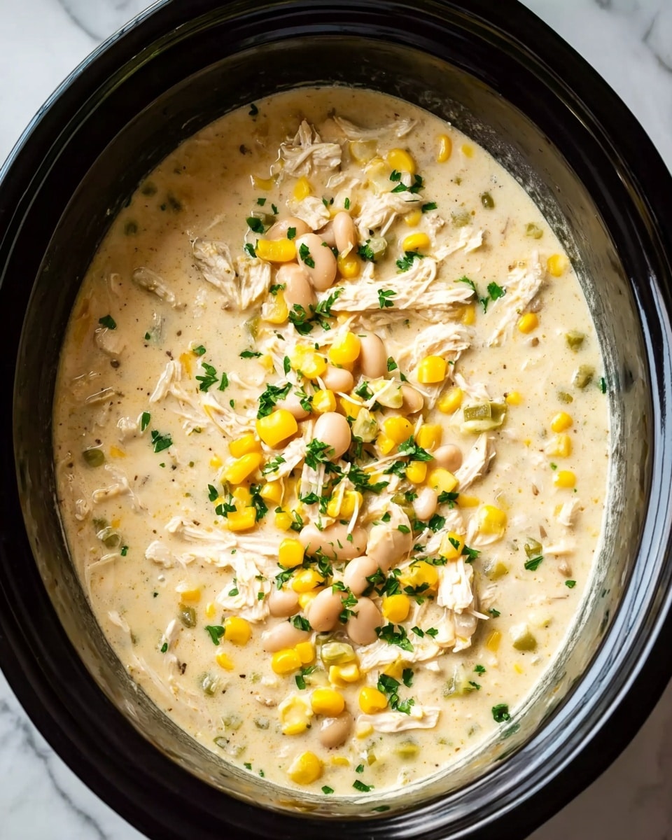 A close-up top view of a creamy soup inside a black slow cooker, showing a thick, pale yellow broth filled with shredded white chicken pieces, bright yellow corn kernels, light beige beans, and small green vegetable bits. The soup is sprinkled with finely chopped green herbs which add contrast to the soft texture of the broth. The background has a white marbled surface. photo taken with an iphone --ar 4:5 --v 7