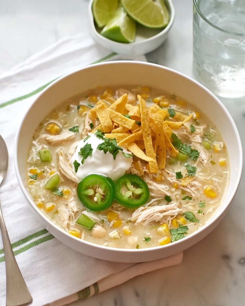 A white bowl is filled with creamy chicken soup that has visible shredded white chicken meat and yellow corn kernels spread evenly in a light broth. On top, there are three green jalapeño slices arranged on one side, a dollop of white sour cream with small green cilantro leaves on it placed near the center, and a pile of thin, crispy yellow tortilla strips stacked neatly on the opposite side. Small green avocado chunks and cilantro pieces are scattered throughout the soup. The bowl sits on a white marbled surface with a white cloth featuring green stripes underneath. In the background, there is a glass of water and a white bowl containing lime wedges. photo taken with an iphone --ar 4:5 --v 7