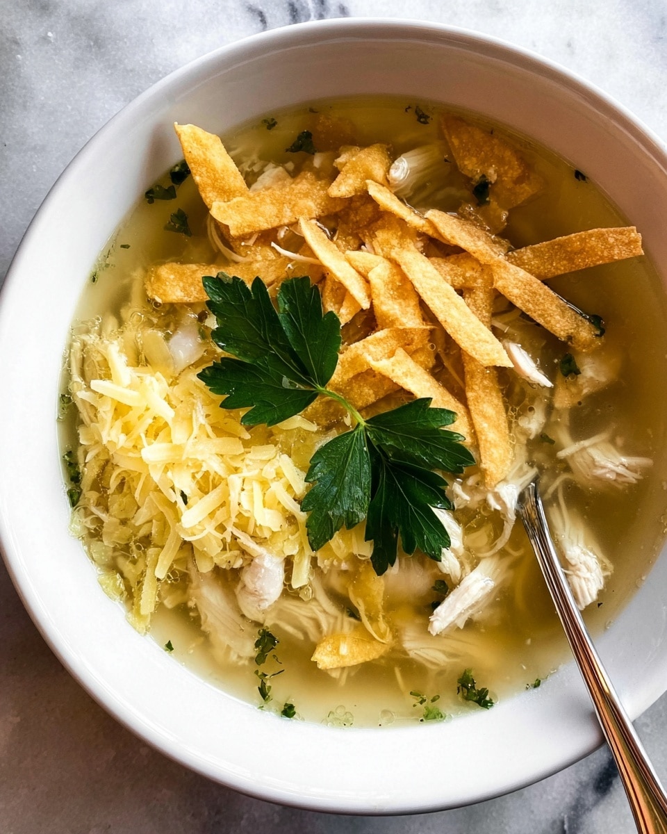 A white bowl filled with clear broth containing shredded chicken and light yellow shredded cheese on top, along with crispy light brown tortilla strips placed near the center. Two bright green parsley leaves rest on top of the cheese and tortilla strips. A silver spoon is partially submerged on the right side of the bowl. The bowl is set on a white marbled surface. Photo taken with an iphone --ar 4:5 --v 7