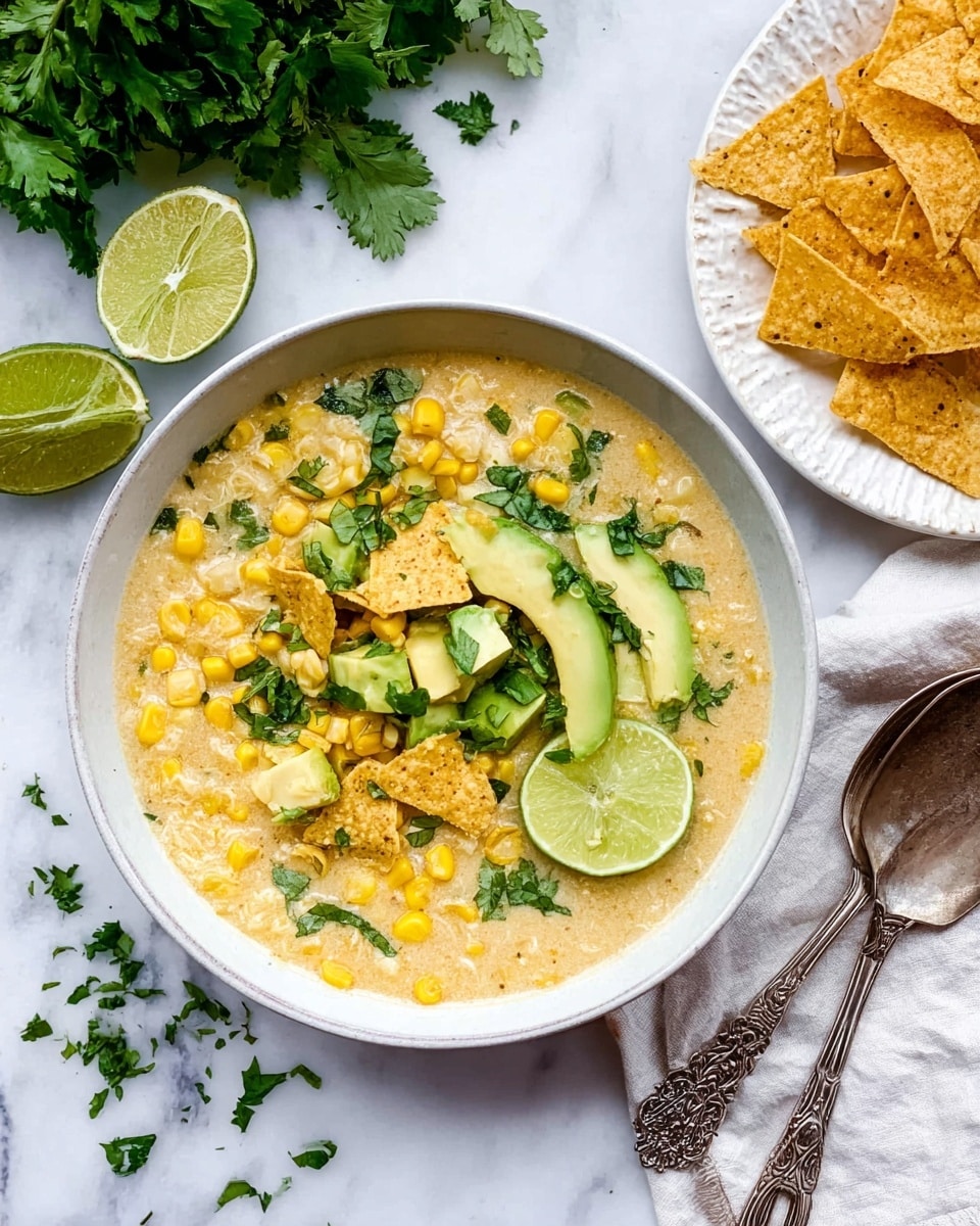 A white bowl filled with a creamy corn soup containing whole yellow corn kernels and shredded pieces, topped with diced avocado, broken tortilla chips, fresh green cilantro leaves, and two lime wedges arranged on one side. The bowl is placed on a white marbled surface, with a bunch of fresh cilantro and two halves of a lime nearby on the left. On the right, there is a white plate full of crispy tortilla chips, and two ornate silver spoons lie just below it. Small pieces of chopped cilantro are scattered around the bowl. photo taken with an iphone --ar 4:5 --v 7
