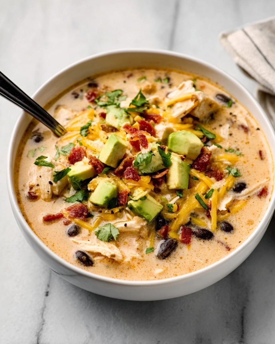 A white bowl filled with creamy chili soup showing three clear layers: the creamy beige soup base with visible black beans and melted cheese, topped with white shredded chicken and yellow cheese, garnished with small green avocado cubes, finely chopped cilantro, and small pieces of red bacon bits. The bowl is on a white marbled surface with a black spoon resting inside. Photo taken with an iphone --ar 4:5 --v 7