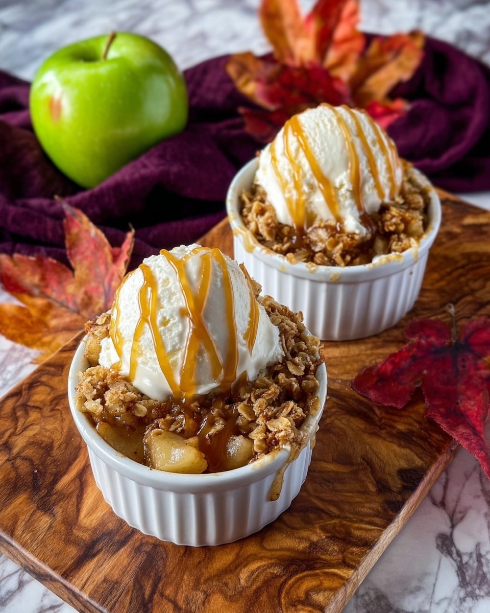 Two white ramekins sit on a wooden board with a rich grain pattern, each filled with a warm apple crisp dessert. The bottom layer is golden-brown baked apple chunks mixed with a crumbly, toasted oat topping. Above this is a generous scoop of creamy white vanilla ice cream, slightly melting and blending with the crisp. Caramel sauce is drizzled over the ice cream in thin vertical lines, adding a shiny amber contrast. In the background, a green apple and a red apple rest beside autumn leaves and a dark purple cloth, all set against a white marbled surface. photo taken with an iphone --ar 4:5 --v 7