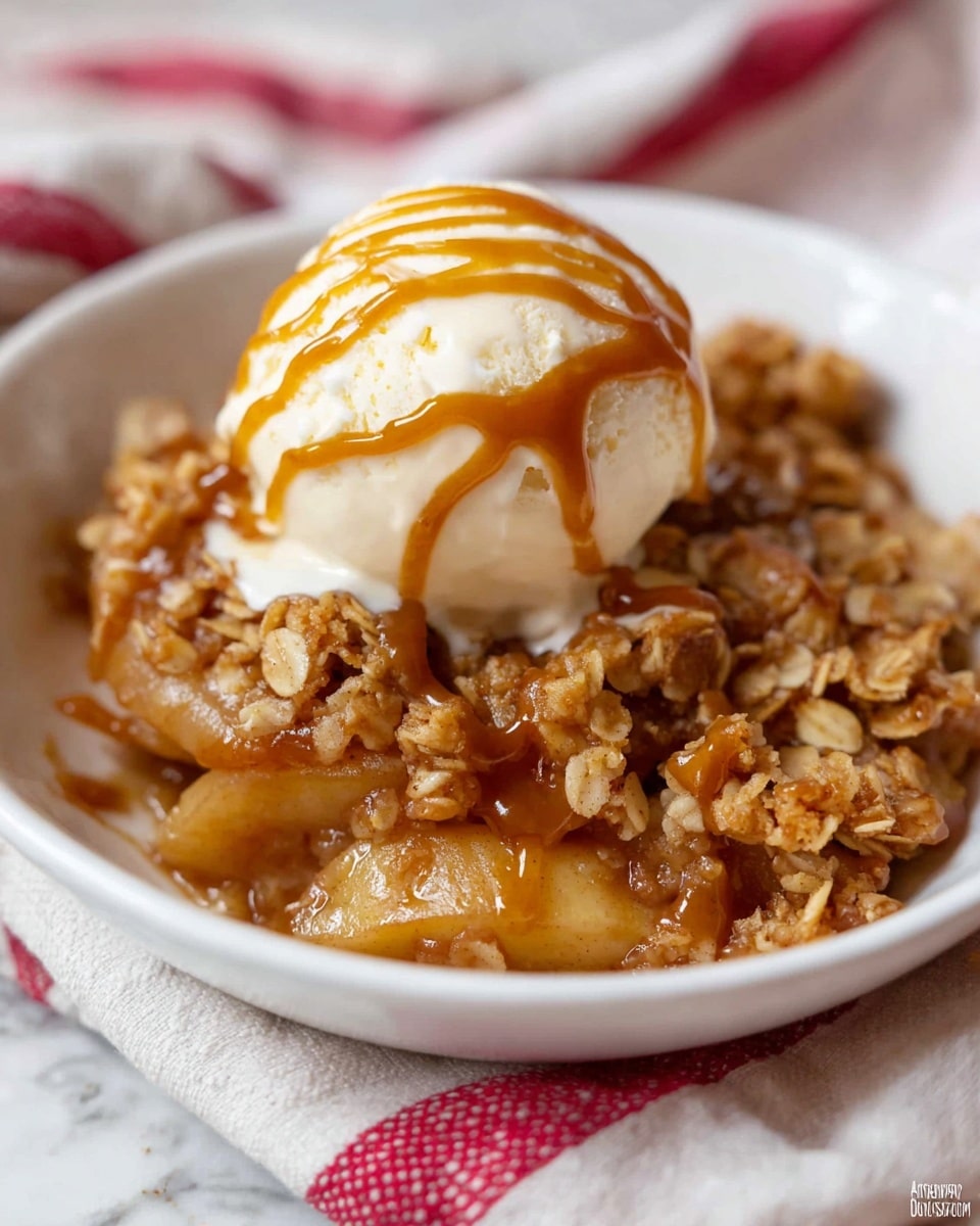 A white bowl filled with a warm apple crisp dessert, showing roughly three layers: at the bottom are tender, golden-brown cooked apple slices with a soft, juicy texture, the middle layer is a crumbly oat and brown sugar topping with a crispy texture, and on top sits a single scoop of creamy vanilla ice cream that is smooth and slightly melting, finished with smooth, thick caramel sauce drizzled in thin lines over the ice cream and topping. The bowl sits on a soft cloth with red stripes and a white marbled surface background. photo taken with an iphone --ar 4:5 --v 7