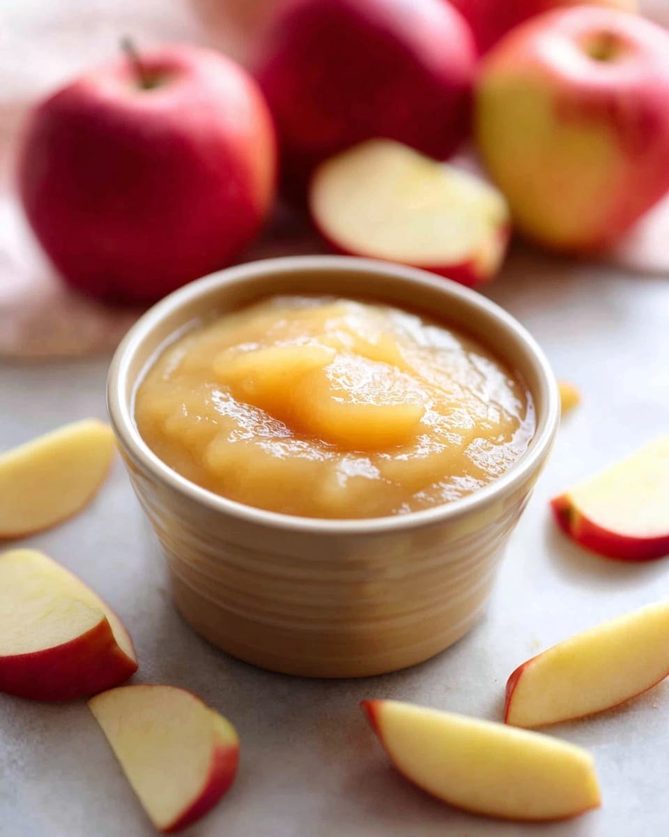 Two small glass jars are filled with smooth, light brown applesauce showing tiny dark specks, topped with a cinnamon stick placed diagonally in each jar. In the foreground, there is a silver spoon lying on crumpled white paper with a soft white cloth underneath. The background shows two out-of-focus red apples on a white marbled surface. The light is soft and natural, highlighting the texture of the applesauce and the cinnamon sticks. photo taken with an iphone --ar 4:5 --v 7