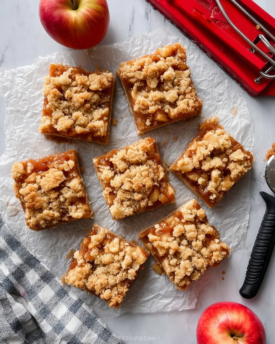 The image shows six square apple crumb bars arranged on crinkled white parchment paper over a white marbled surface. Each bar has a golden-brown crumbly topping made of irregular chunks covering a layer of diced apple filling that looks sticky and syrupy, with a bottom crust that is slightly lighter in color but firm. Two whole red apples are placed near the bars, one on the top left and one on the bottom right, both having a smooth shiny skin. To the top right, there is a red apple slicer, and towards the bottom, a black peeler lies alongside a white cloth with a gray checkered pattern. The scene is well lit, showing the texture of the bars clearly. photo taken with an iphone --ar 4:5 --v 7