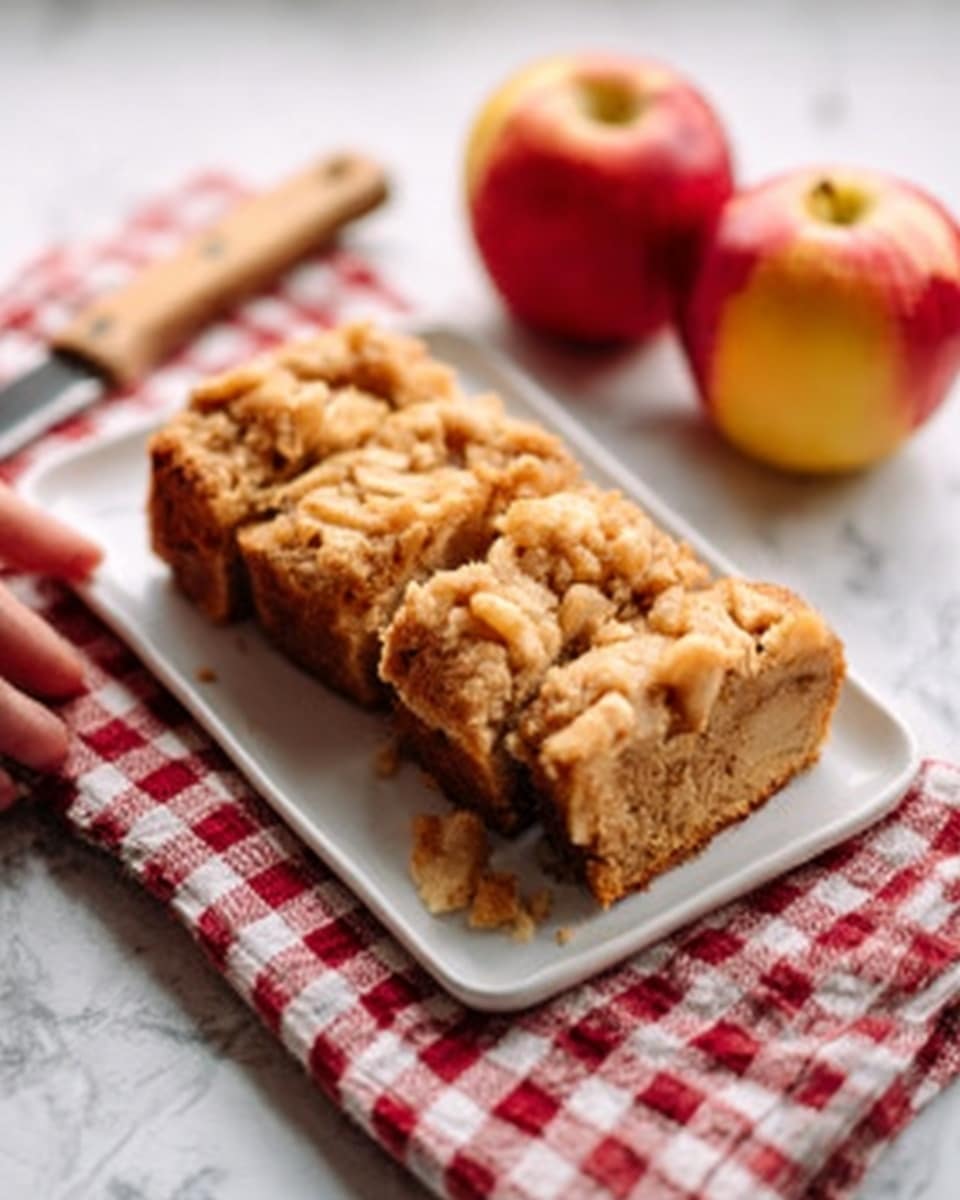 The image shows three crumbly dessert bars with a golden brown crumb topping and visible pecan pieces scattered throughout, placed on a white plate. To the right side of the bars, there are four thin apple slices with red skin and white flesh neatly arranged in a fan shape. The plate rests on a white marbled surface, and two cinnamon sticks are positioned beside the plate on the lower right corner. Photo taken with an iphone --ar 4:5 --v 7