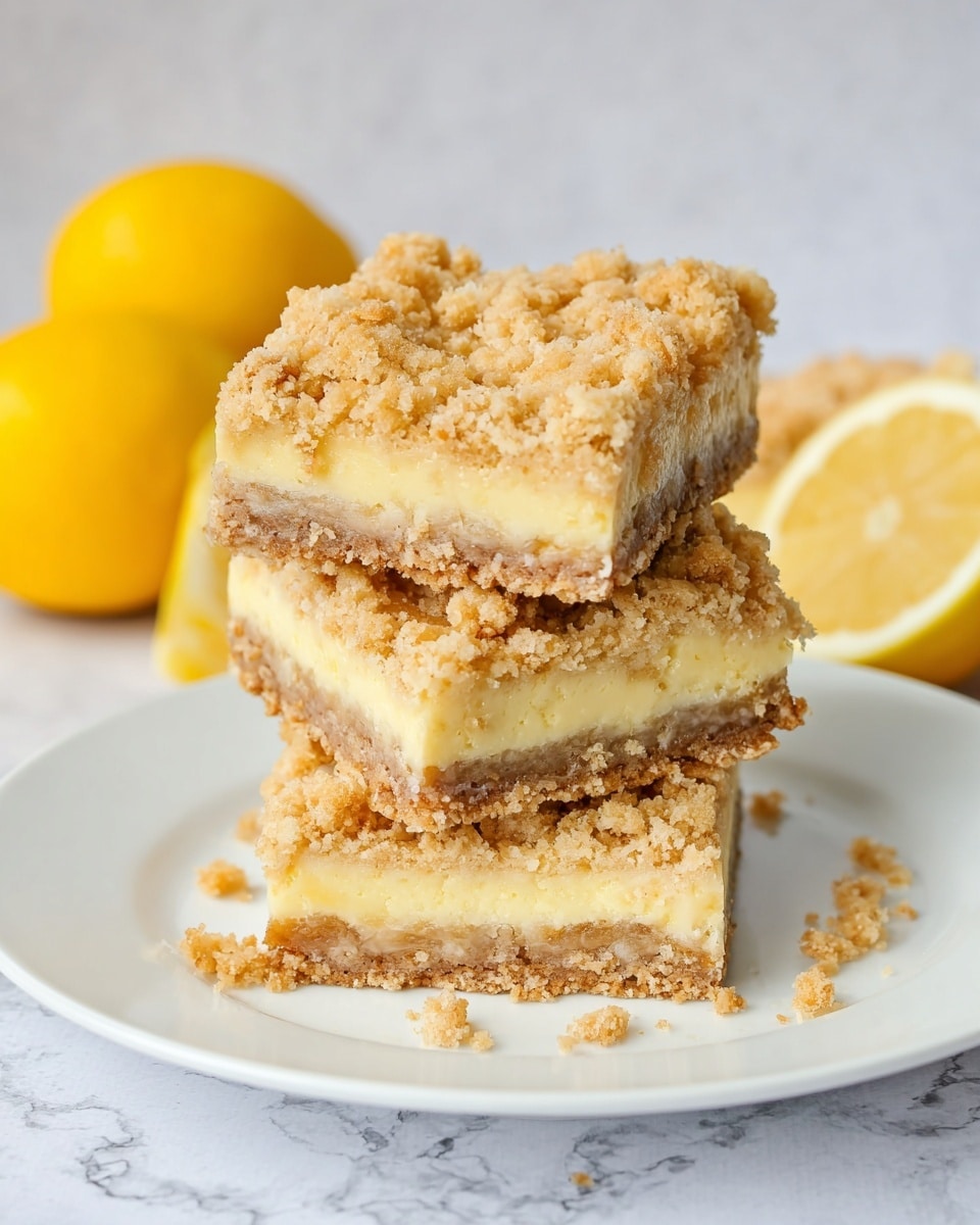 A stack of four crumb-topped bars sits on a white plate against a white marbled texture. Each bar has three visible layers: a bottom light brown crumbly crust, a thick creamy yellow middle layer, and a top layer of golden brown crumb topping with a rough texture. In the background, two whole lemons and one lemon cut in half add a bright yellow color contrast. The bars look soft and crumbly with some crumbs scattered around the plate edges. Photo taken with an iphone --ar 4:5 --v 7