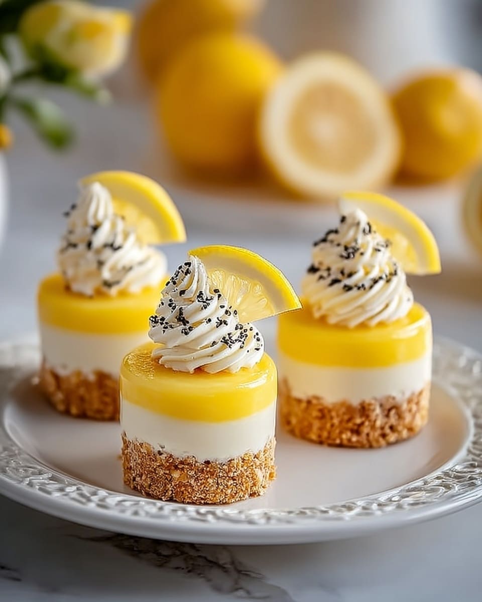 The image shows six small round lemon cheesecakes arranged on a white plate with a light brown rim. Each cheesecake has three layers: a bottom crumbly golden brown crust, a thick creamy pale yellow middle layer, and a swirl of white whipped cream on top. On the whipped cream is a small thin lemon slice and a bright green mint leaf. The plate rests on a white marbled surface with yellow lemons softly blurred in the background. The light shines warmly, highlighting the smooth texture of the cheesecakes and the freshness of the garnishes. Photo taken with an iphone --ar 4:5 --v 7