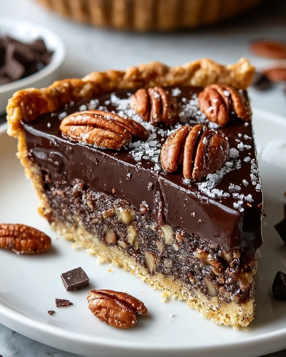 A close-up slice of chocolate pecan pie is placed on a white plate over a white marbled surface. The pie has three layers: the bottom layer is a light golden, crumbly crust; above it is a dense, dark chocolate filling mixed with bits of chopped pecans; the top layer is a shiny, smooth, rich chocolate ganache spread thickly and adorned with whole toasted pecans and a light sprinkle of coarse salt. Small chocolate curls and pecan pieces are scattered around the plate. Photo taken with an iphone --ar 4:5 --v 7