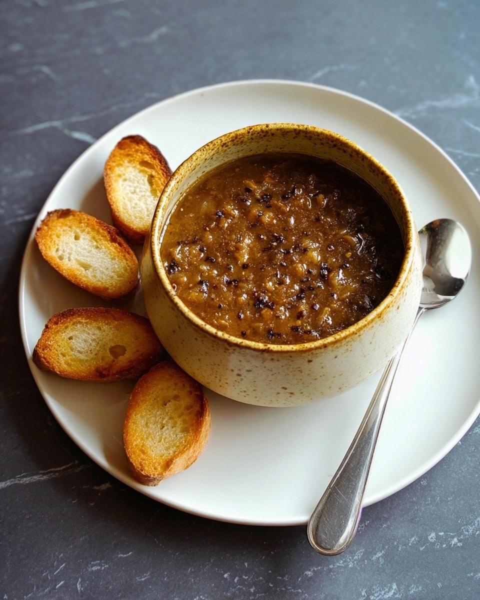 A rustic bowl with a speckled beige color and a slightly worn rim is filled with a chunky, dark brown soup that has visible bits of onions and tiny black pepper pieces, giving it a textured look. The bowl sits on a simple white plate, with four golden brown toasted bread slices arranged like petals around it. To the right of the plate, a shiny metal spoon is placed on a clean white marbled surface, creating a neat and inviting setting. photo taken with an iphone --ar 4:5 --v 7