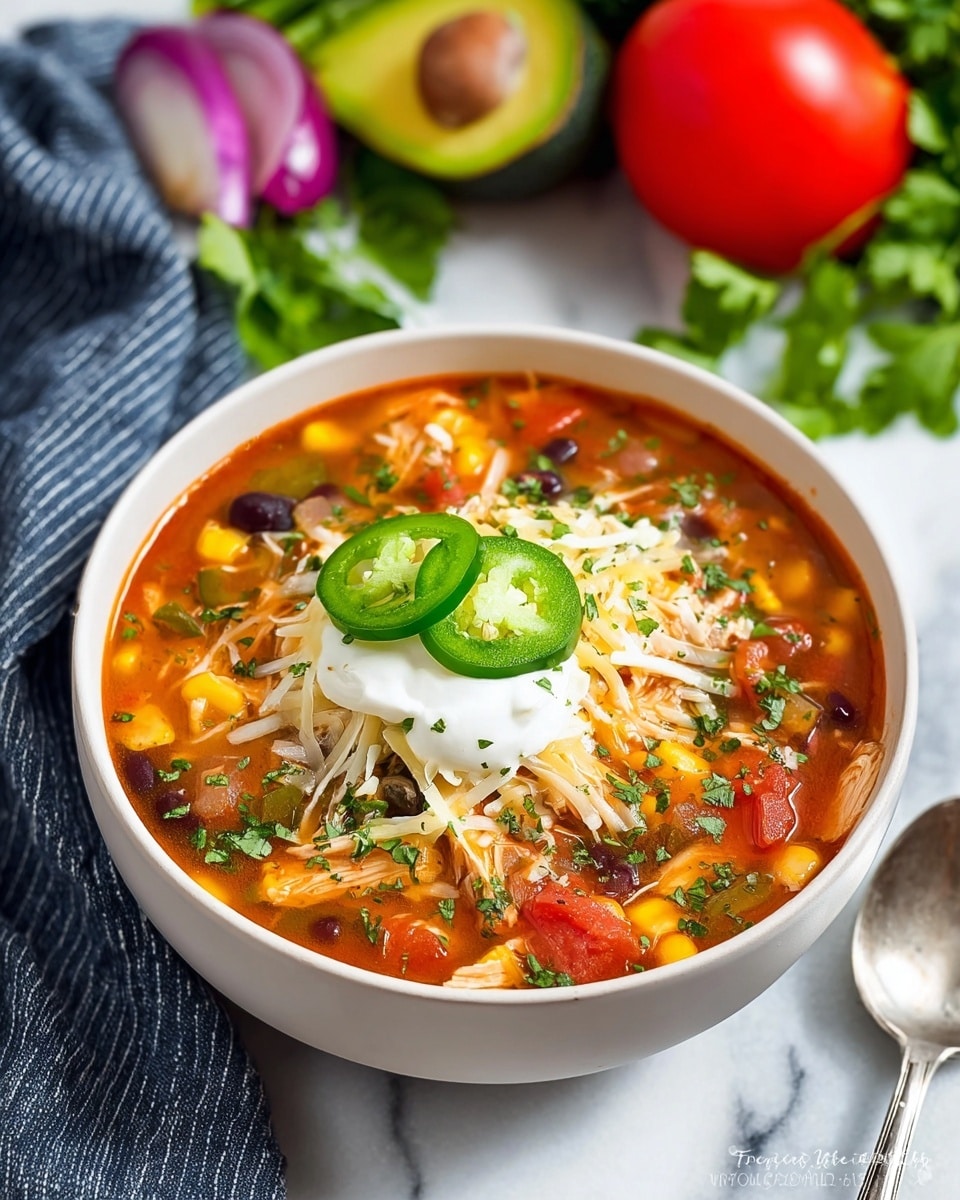 A white bowl filled with a thick soup showing multiple layers: a base of orange-red broth loaded with visible pieces of yellow corn, black beans, shredded chicken, chopped tomatoes, and thin onion slices, sprinkled with chopped green herbs. On top of the soup, there is a dollop of white sour cream, covered by a generous layer of shredded white cheese and three slices of fresh green jalapeño arranged neatly. The bowl sits on a white marbled surface, next to a blue and white striped cloth, a silver spoon, and fresh vegetables including a halved avocado, a whole tomato, a red onion, and some green leafy herbs. Photo taken with an iphone --ar 4:5 --v 7