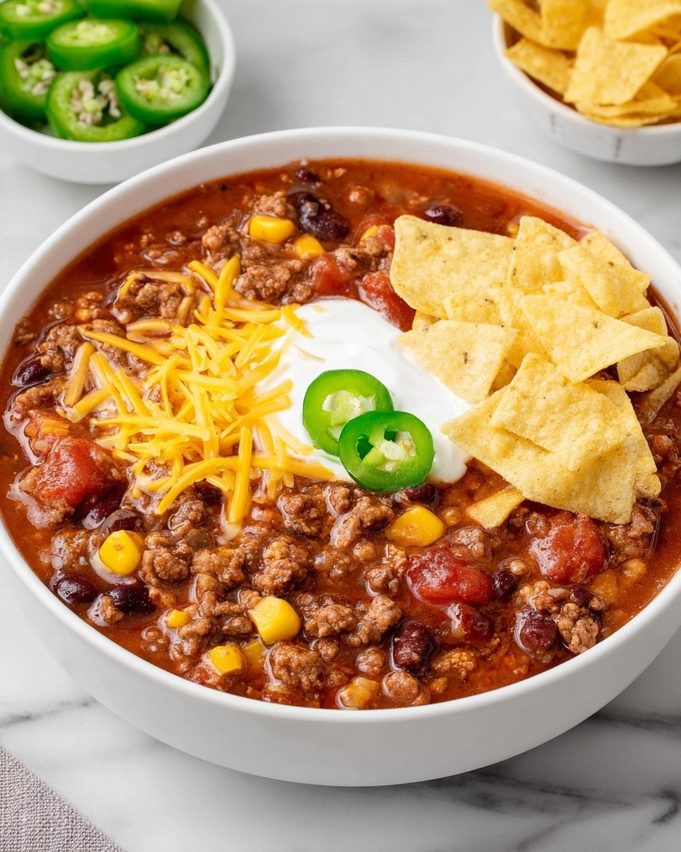 A white bowl filled with thick chili showing a rich red-brown base with visible beans, ground meat, corn, and small pieces of tomato. On top of the chili, there is a layer of shredded yellow cheddar cheese placed in the center-left, a dollop of white sour cream in the center, two green jalapeño slices on the sour cream, and several light yellow corn chips arranged on the right side. In the background, a small white bowl holds more sliced green jalapeños. The bowl sits on a white marbled surface. photo taken with an iphone --ar 4:5 --v 7