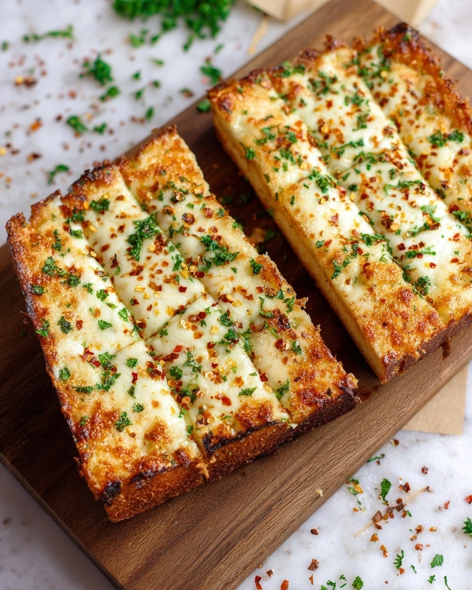 A close-up of two square shaped cheesy garlic breads placed on a wooden cutting board, each bread is cut into eight long, thin pieces. The top layer is golden-brown melted mozzarella cheese sprinkled with finely chopped green parsley and red pepper flakes. The edges of the thick, golden crust are slightly darkened. The background is a white marbled texture with some scattered green herbs and red flakes. photo taken with an iphone --ar 4:5 --v 7