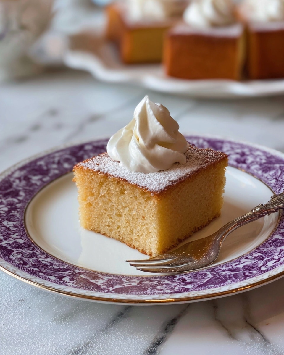 A single square piece of golden brown cake sits in the center of a white plate with a purple decorative border. The cake's texture looks soft and spongy. On top of the cake, there is a swirl of white whipped cream and a light dusting of powdered sugar. Next to the cake on the right side, a silver fork lies on the plate. The plate is placed on a table with a white marbled texture, and in the background, there is a blurred view of more cake pieces. Photo taken with an iphone --ar 4:5 --v 7