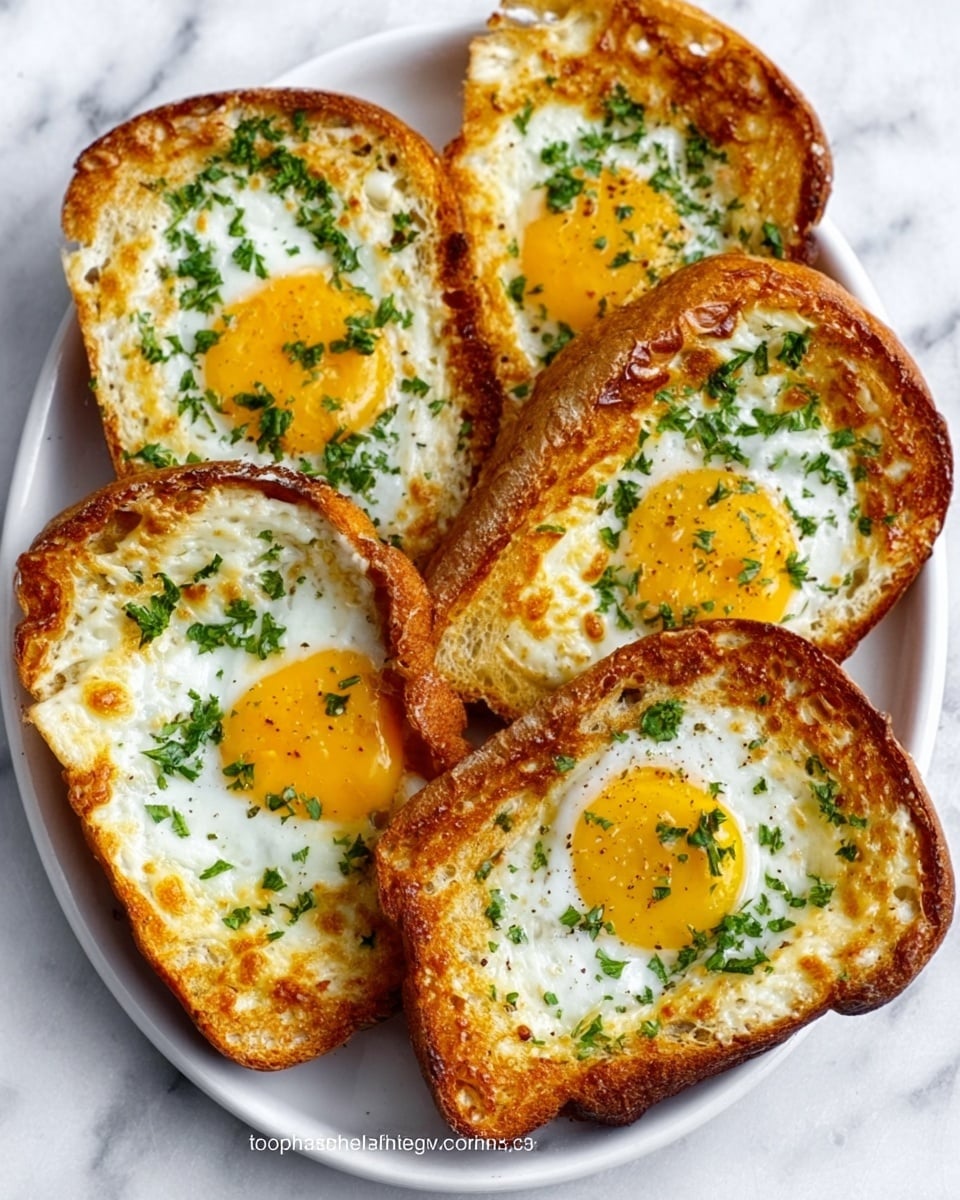The image shows five slices of toasted bread on a white plate placed on a white marbled surface. Each bread slice is topped with a cooked egg sunny side up in the center, with the bright yellow yolk surrounded by white egg white. The toast is golden brown and crisp, with melted cheese spread across the surface underneath the eggs. Fresh green parsley is sprinkled over the top, adding a touch of color. The egg whites are slightly bubbly and cooked until just set. Photo taken with an iphone --ar 4:5 --v 7