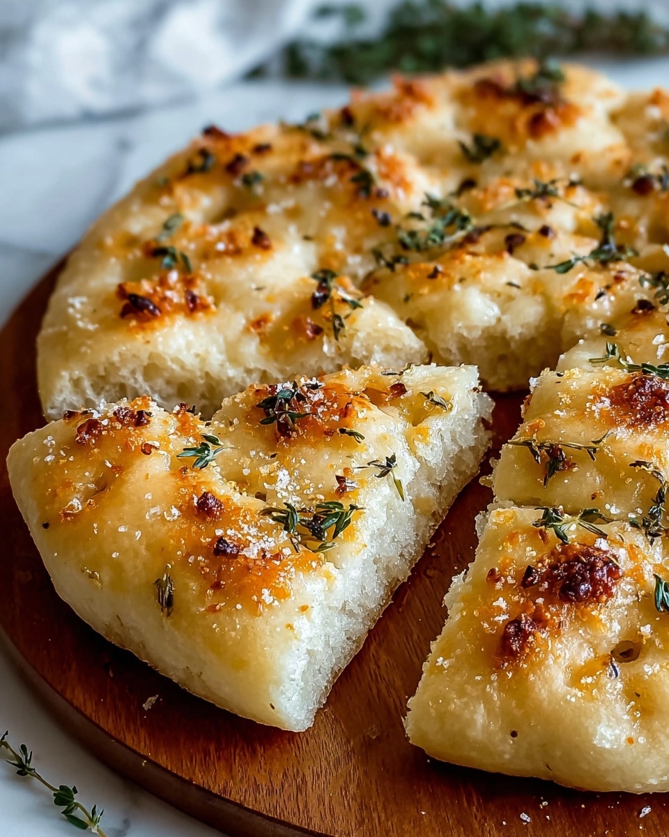 A close-up view of a round focaccia bread, sliced into eight pieces, resting on a wooden board placed on a white marbled surface. The focaccia has a thick, soft, and fluffy pale golden crust with small brown toasted spots on top. Scattered over the surface are small crispy bits of browned garlic and toasted herbs. Fresh sprigs of green thyme are laid across the top, adding texture and color contrast. Coarse salt crystals are visible on the bread’s surface. The bread’s airy inside is visible in the slice being slightly pulled away, showing its tender crumb structure. Photo taken with an iphone --ar 4:5 --v 7