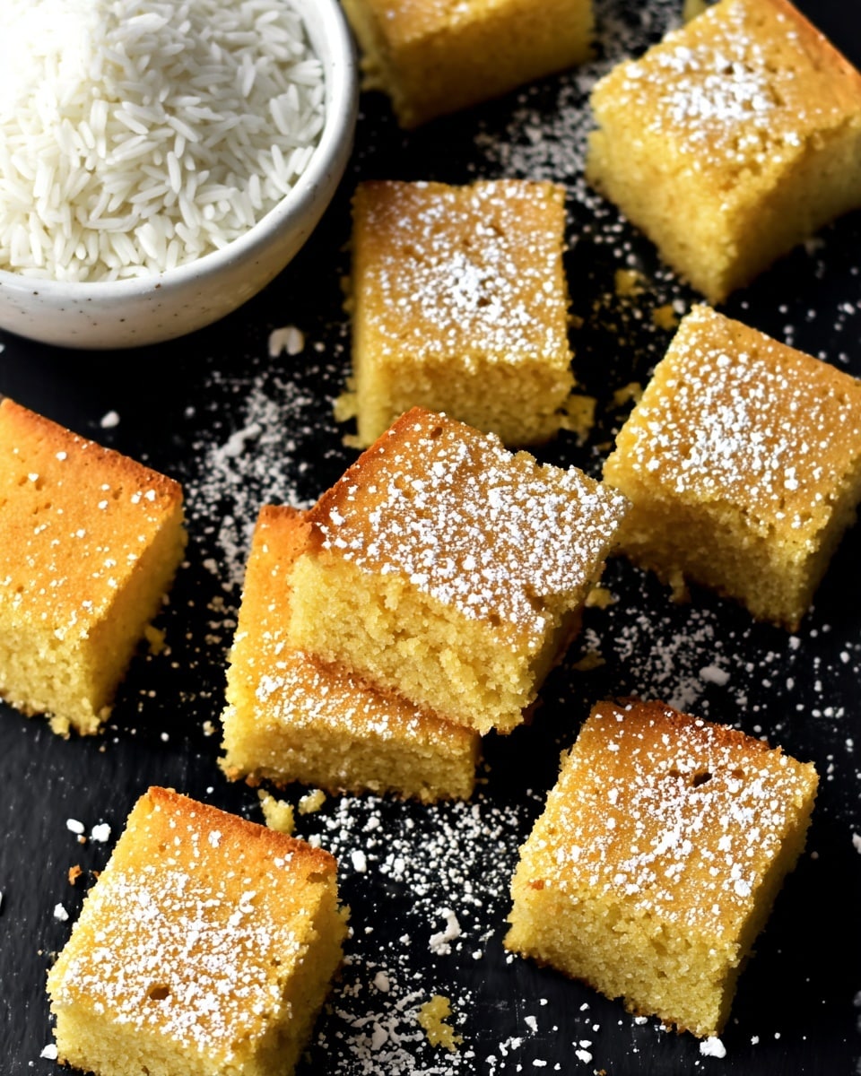 Several small square pieces of golden brown cornbread are scattered on a black surface, each topped with a light dusting of white powdered sugar. The cornbread's texture looks soft and crumbly with small air holes inside visible. A white bowl filled with fluffy white rice sits in the upper left corner of the image. The background is replaced with a white marbled texture. photo taken with an iphone --ar 4:5 --v 7