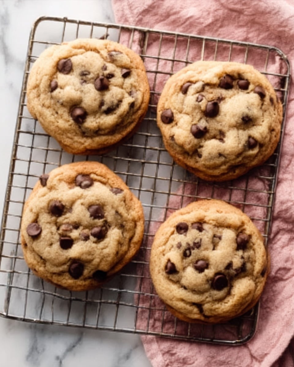 Four chocolate chip cookies are shown cooling on a metal wire rack. Each cookie is round, golden-brown with slightly darker edges, and dotted with small and large dark chocolate chips unevenly spread on top. The wire rack sits on a white marbled surface with a soft pink cloth placed in the upper right corner next to the rack. The cookies have a slightly cracked texture on their surface, revealing a soft inside. Photo taken with an iphone --ar 4:5 --v 7