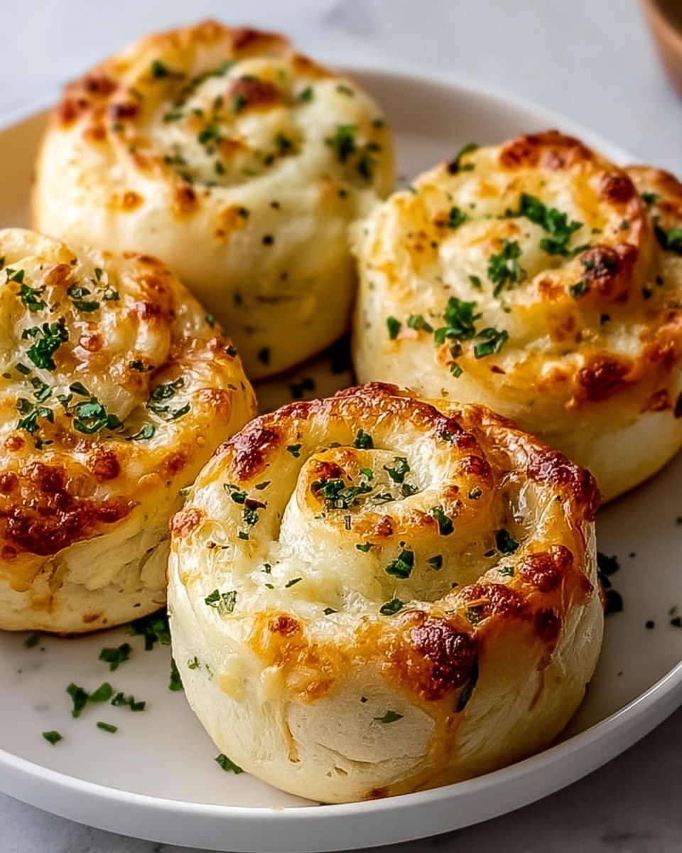Four golden-brown baked rolls sit on a white plate over a white marbled surface. Each roll is made of soft, light dough rolled into spiral shapes with a slightly shiny texture. The top layer is a toasted cheese crust with melted, bubbly cheese showing hints of light orange and brown spots. Small green herb flakes are sprinkled evenly over the cheese, adding a touch of fresh color. The rolls have a fluffy, soft inside and a crisp surface. Photo taken with an iphone --ar 4:5 --v 7