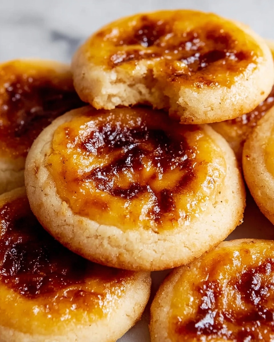 The image shows a close-up of several small round cookies stacked together on a white marbled surface. Each cookie has a thick, light beige base with a slightly cracked texture, topped with a glossy, golden-brown layer that looks caramelized with darker burnt spots and swirls, giving a shiny, sticky appearance. One cookie in the center has a small bite taken out of it, revealing a soft, crumbly inside. The cookies are closely placed, filling the frame with warm tones and a home-baked look. photo taken with an iphone --ar 4:5 --v 7