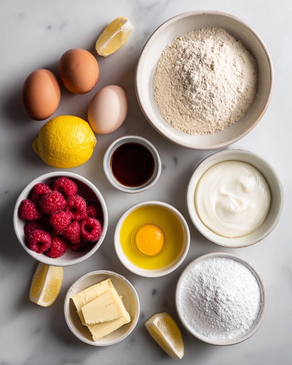 A white marbled surface holds several small white bowls arranged neatly around three brown eggs and one bright yellow lemon. The largest bowl contains a light beige flour with a slightly rough texture. Next to it is a bowl filled with smooth white cream, and another bowl holds bright red raspberries showing detailed texture. Nearby, a small bowl of white powder, a glossy golden yellow liquid in a tiny bowl, and a small dish of pale yellow butter with a soft, smooth texture are lined up. There is also a tiny bowl with dark vanilla extract, a few lemon wedges in another small white bowl, and a bowl filled with white powdered sugar with a soft, fine texture. The lighting is soft and natural, highlighting the colors and textures clearly, photo taken with an iphone --ar 4:5 --v 7