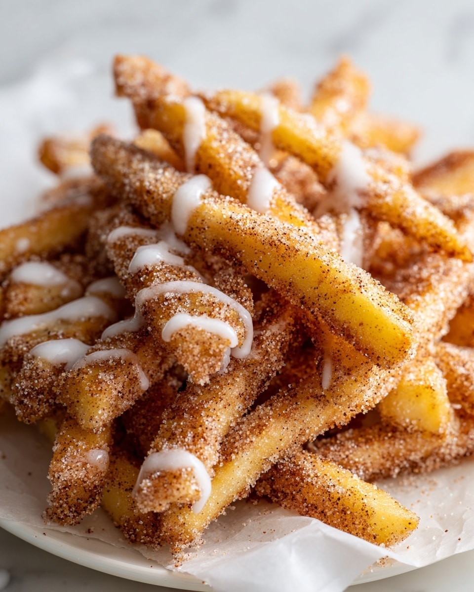 A close-up view of a pile of golden brown fries covered with a coarse layer of cinnamon sugar, giving them a speckled texture with light and dark brown spots. The fries are arranged in a loose stack on white parchment paper, which rests on a white plate. Thin, white icing drizzles softly over the fries, forming irregular lines that catch the light, adding a shiny contrast to the grainy cinnamon sugar coating. The background shows a soft focus white marbled surface, enhancing the warm tones of the fries. Photo taken with an iphone --ar 4:5 --v 7
