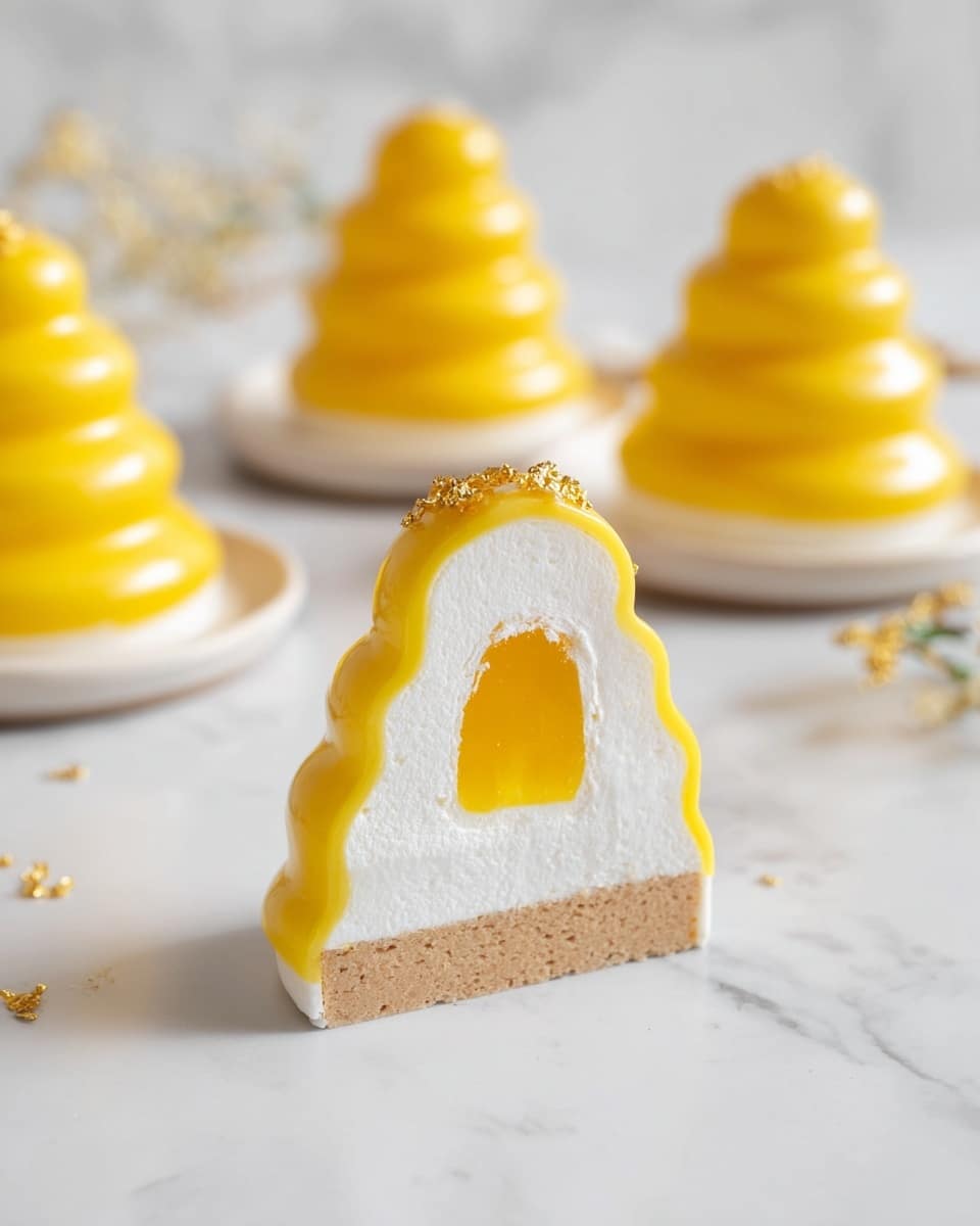 The image shows several smooth, spiral-shaped yellow desserts shaped like small cones with five rounded layers stacked on top of each other, each layer having a glossy texture. The spirals have tiny gold flakes sprinkled over them, adding a touch of sparkle. The main dessert is placed center front on a small, round white marble plate, with more similar desserts arranged out of focus in the background on a white marbled surface. Thin, out-of-focus branches with small buds are seen behind the desserts, giving a natural feel to the clean and bright scene. Photo taken with an iphone --ar 4:5 --v 7