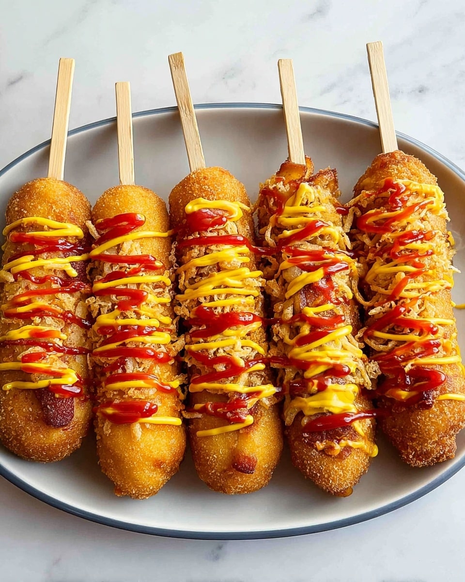 Five crispy fried corndogs are placed in a row on a white plate, each coated with a golden-brown textured crumb layer or crispy fried noodles, giving a rough and crunchy look. Bright red ketchup and yellow mustard sauces are drizzled in stripes over each corndog, creating a colorful contrast. Each corndog is pierced with a thin wooden stick for holding. The plate sits on a white marbled surface, adding a clean and bright background to the vivid food. photo taken with an iphone --ar 4:5 --v 7