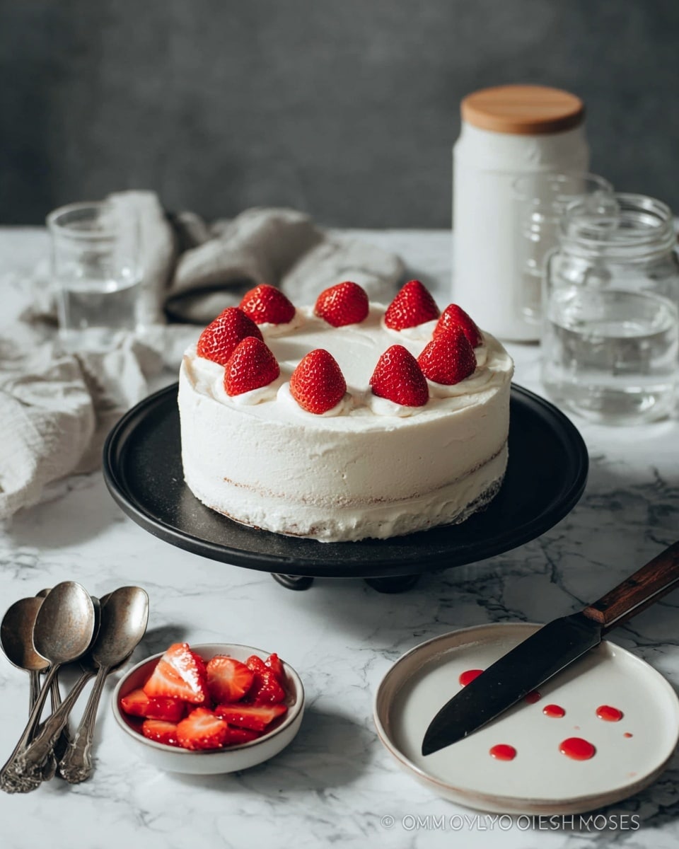 A white frosted round cake with two visible layers of sponge and cream sits on a black cake stand on a white marbled surface. The top is decorated with six whole bright red strawberries evenly spaced around the edge. Near the cake, there is a small white bowl filled with sliced strawberries. Four vintage silver spoons lie in a loose pile next to the bowl. To the right, a white plate with a few red syrup drops and a large knife rests on the surface. In the background, two glasses of water, a white jar with a wooden lid, and a grey cloth are softly blurred. Photo taken with an iphone --ar 4:5 --v 7