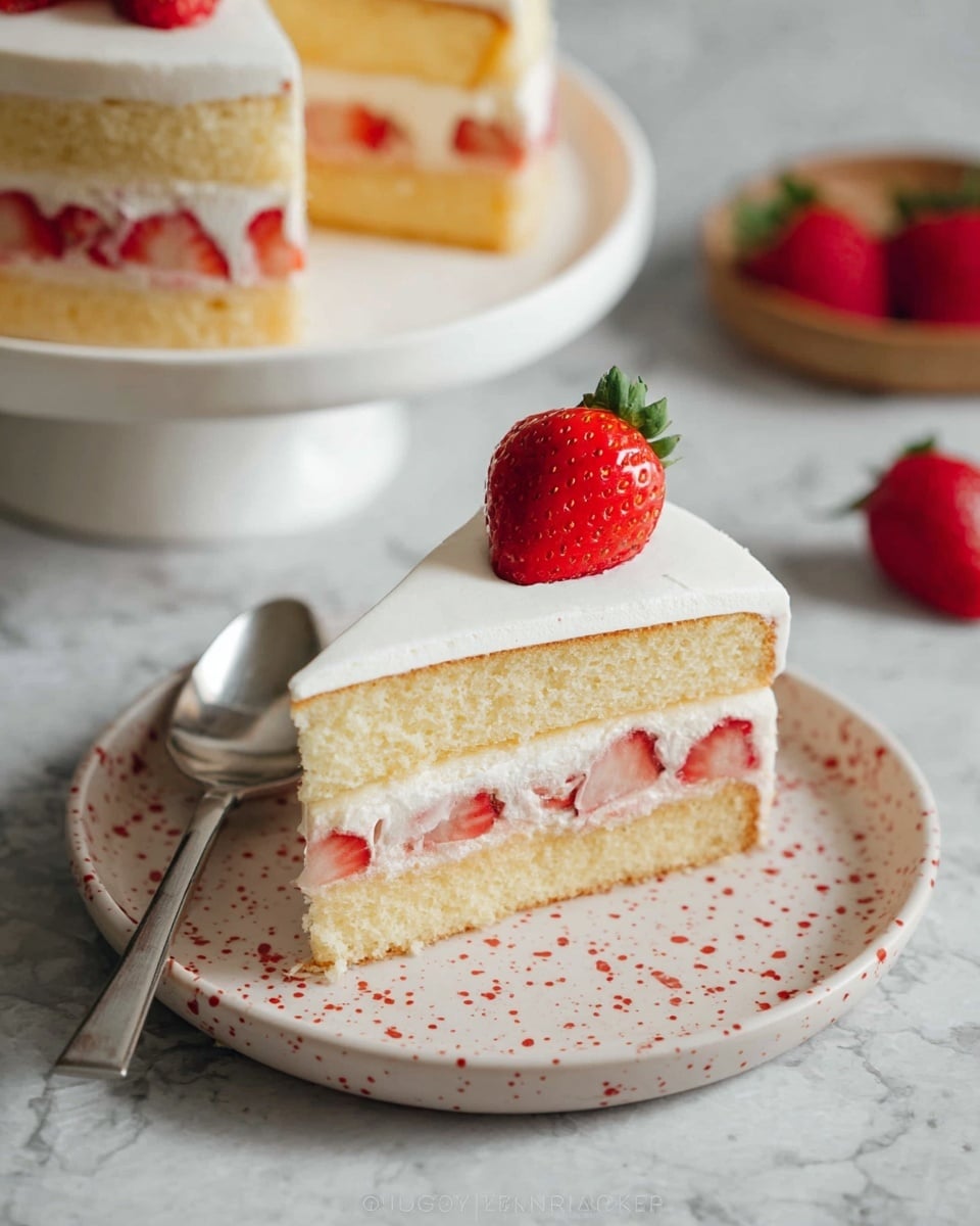 A slice of strawberry shortcake with three visible layers sits on a white plate with red speckles, placed on a white marbled surface. The bottom layer is light yellow sponge cake, followed by a thick middle layer of white cream filled with whole strawberry pieces. The top layer is another light yellow sponge cake covered with smooth white cream. A whole, bright red strawberry sits neatly on top of the cake slice. A silver spoon rests on the plate to the left of the cake slice. In the background, part of the whole cake with the same layers can be seen on a white cake stand. photo taken with an iphone --ar 4:5 --v 7