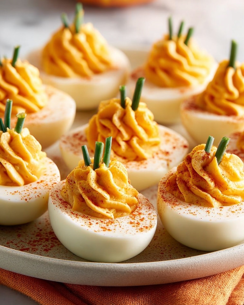 A white plate holds six deviled eggs, each made with a smooth, creamy orange yolk mixture piped in a swirl with ridges to look like small pumpkins. Three small green chive pieces stick up from the center of each yolk mixture to resemble pumpkin stems. The eggs are arranged neatly on a white marbled surface. The white egg whites are smooth and bright, contrasting with the vibrant orange filling and fresh green chives. photo taken with an iphone --ar 4:5 --v 7