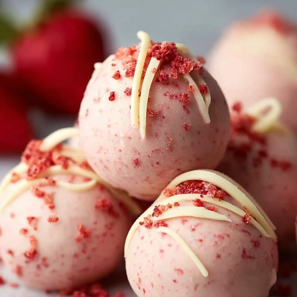 A close-up image of strawberry-pink dessert truffles, each with a smooth, glossy coating, forming a small mound where one is stacked gently on top of the others. The outer shell is a pale pink with delicate red speckles embedded, and each truffle is topped with a few curls of white chocolate and a light sprinkling of red strawberry bits, adding playful texture. The background is slightly blurred, with fresh strawberries softly visible, emphasizing the primary subject. photo taken with an iphone --v 7.0