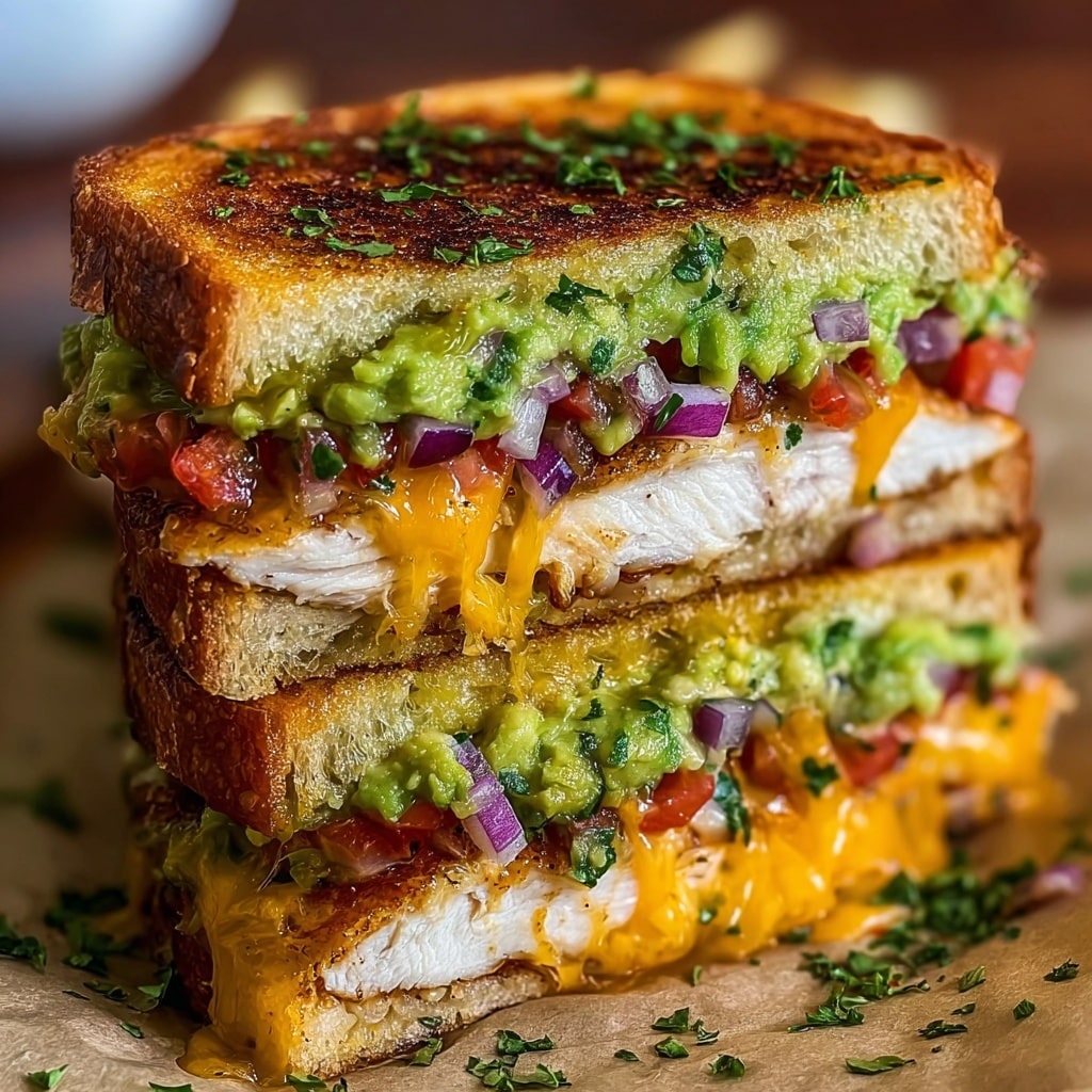 A double-layered sandwich is sliced in half and stacked, revealing golden, crispy toasted bread on top and bottom with a slight buttery sheen. The middle layers are visually distinct: the lowest layer features thick slices of juicy grilled chicken breast, covered in gooey, melted cheddar cheese that oozes out, and a layer of fresh, diced tomatoes and red onion. Above that, a thick spread of chunky, bright green guacamole mixed with herbs covers the vegetables, contrasting with the yellow cheese and white chicken. The sandwich halves are garnished with finely chopped green herbs and rest on parchment paper atop a wooden surface. Photo taken with an iphone --v 7.0
