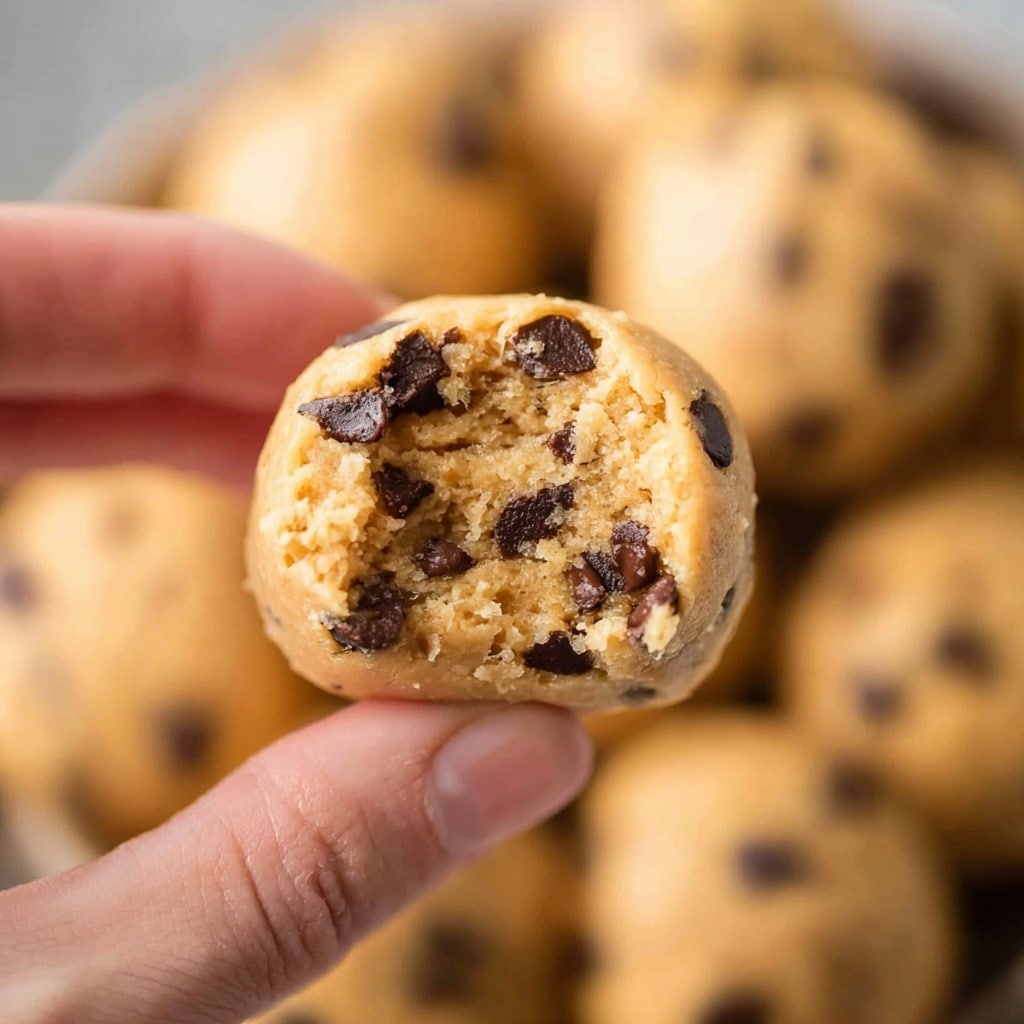 A hand holds up a round, slightly uneven cookie dough ball with a visible bite revealing a soft, dense interior packed with semi-melted dark chocolate chips and a creamy, tan-colored dough. The outer layer is smooth with tiny cracks and occasional chocolate chips peeking through, while the inside appears moist and crumbly, showing a consistent texture dotted with chip pieces. In the blurred background, more of these dough balls are nestled together, all featuring the same golden-brown hue with scattered chocolate flecks. photo taken with an iphone --v 7.0
