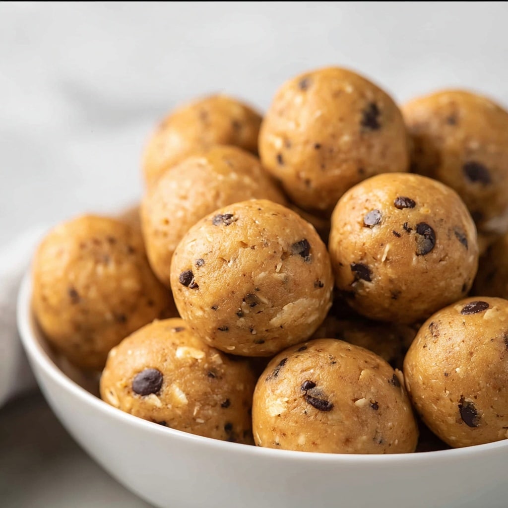 A white bowl is filled with a pile of round, golden-brown snack balls, each about the size of a golf ball, with a smooth but slightly textured surface showing visible oats and small, dark chocolate chips scattered throughout. The snack balls are uniform in color, with a matte appearance and occasional flecks of lighter oat pieces embedded in the surface, creating a rustic, homemade look. They are arranged in a single-layered mound, overlapping each other and filling the bowl to the brim, while the background is softly blurred, highlighting the texture and detail of the energy balls in the foreground. photo taken with an iphone --v 7.0