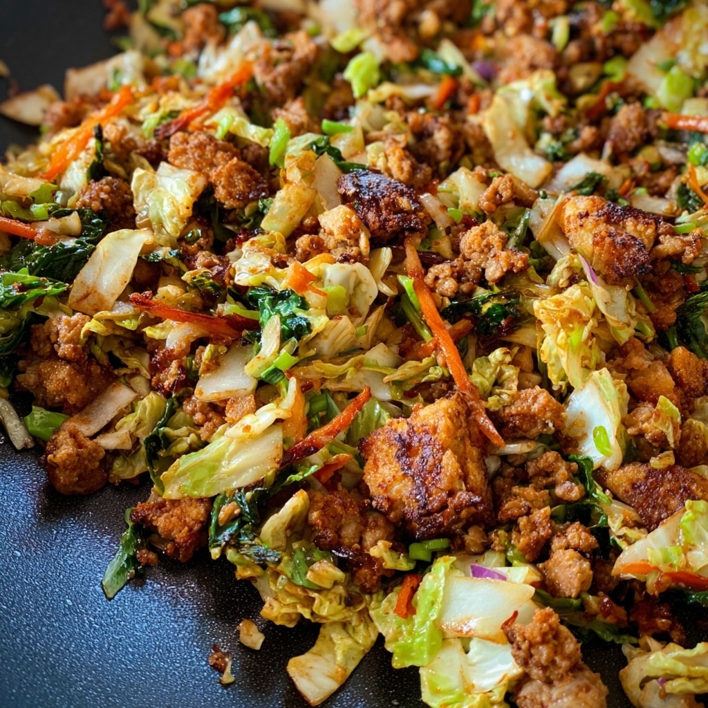 A close-up view of a stir fry dish featuring a single uneven layer with a rich mix of textures and colors, including golden-brown crumbled pieces of cooked meat, light yellow cabbage chunks, orange matchstick carrots, vibrant green pieces of leafy vegetables, and small cubes of onion interspersed throughout. The ingredients are slightly glossy from being cooked together, creating an appealing blend of moist and crispy bits with some charred edges. The food sits directly on a dark, matte cooking surface, filling the whole frame with no plate visible. photo taken with an iphone --v 7.0