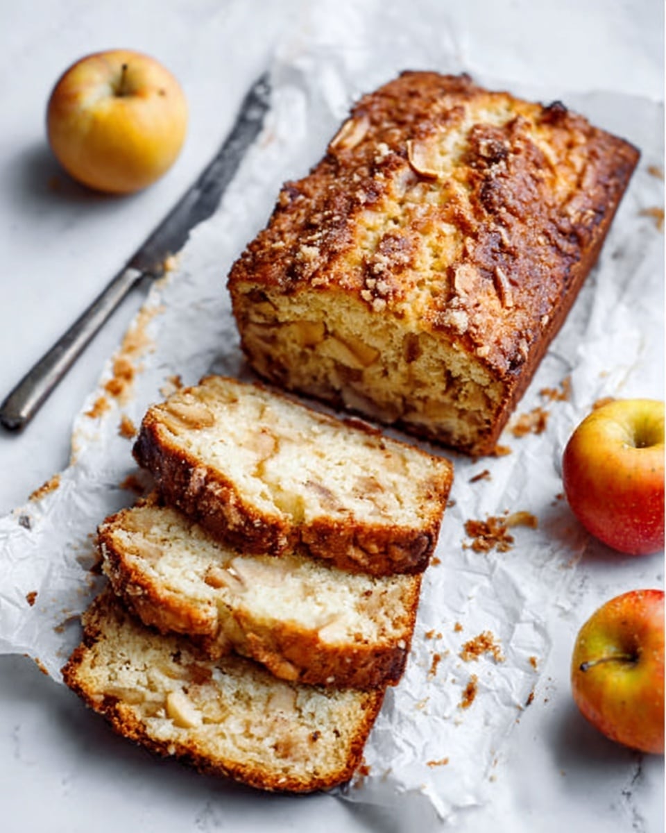 The image shows a white parchment paper on a white marbled surface with a loaf of apple bread placed on it. The bread has a golden brown crust sprinkled with some crumbs on top. There are four slices cut from the loaf, laid in a slightly overlapping row in front of it. The sliced bread shows a soft, light beige inside with visible pieces of apple, giving it a textured look. To the right of the bread, there are two small apples, one red and one yellow. On the left side, a woman's hand is holding a knife next to the loaf, as if about to cut another slice. The photo taken with an iphone --ar 4:5 --v 7
