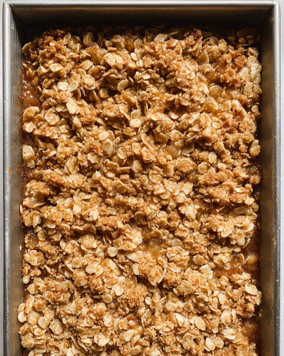 This image shows a close-up view of a baked dessert in a rectangular metal pan. The dish has a single thick layer made up of a crumbly texture with golden brown oat clusters spread unevenly across the surface. The oats sit on top of a soft, slightly darker base that looks moist and covered with a caramelized crumb topping. The entire surface is rough with small clumps and scattered oat flakes, giving it a rustic, homemade look. Photo taken with an iphone --ar 4:5 --v 7