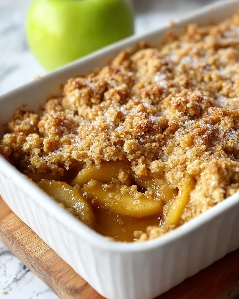 A close-up view of a white rectangular baking dish filled with apple crumble. The bottom layer shows soft, cooked apple slices in a thick, golden syrup, while the top layer is a crumbly, golden brown topping with a rough texture and small chunks. The crumble is sprinkled lightly with sugar. The dish is placed on a wooden surface with a blurred green apple in the foreground and a white marbled background. photo taken with an iphone --ar 4:5 --v 7