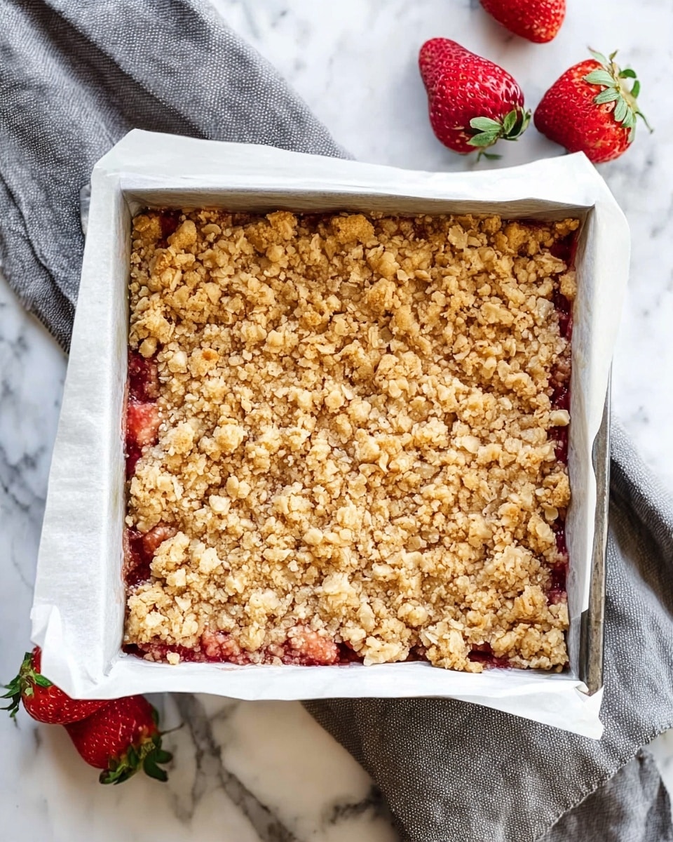 A square baking pan lined with white parchment paper holds a strawberry crumble bar with two visible layers: a slightly visible red strawberry filling layer beneath a thick, crumbly, golden-brown topping that covers the entire surface unevenly. The pan sits on a white marbled surface with a gray cloth underneath and fresh whole strawberries around it. photo taken with an iphone --ar 4:5 --v 7